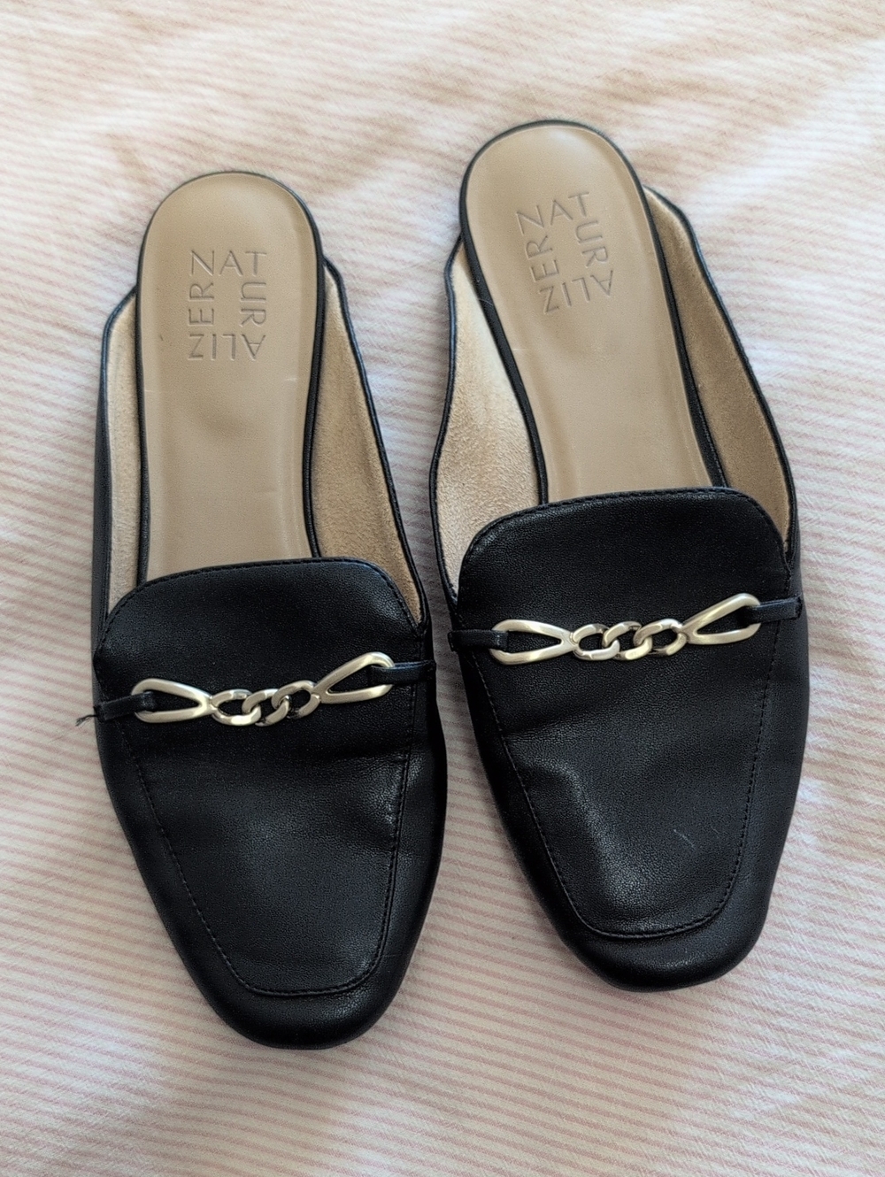 Black Leather Slip-On Mules with Chain Accent